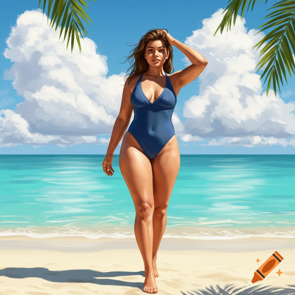 A photorealistic image of a woman in a blue swimsuit walking on a sunny beach.