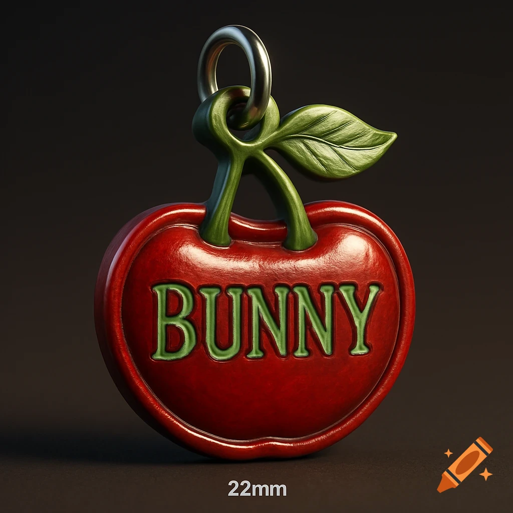 A red cherry-shaped dog collar tag with green 'BUNNY' text, green stem and leaf, and a silver ring. Below it reads '22mm'.