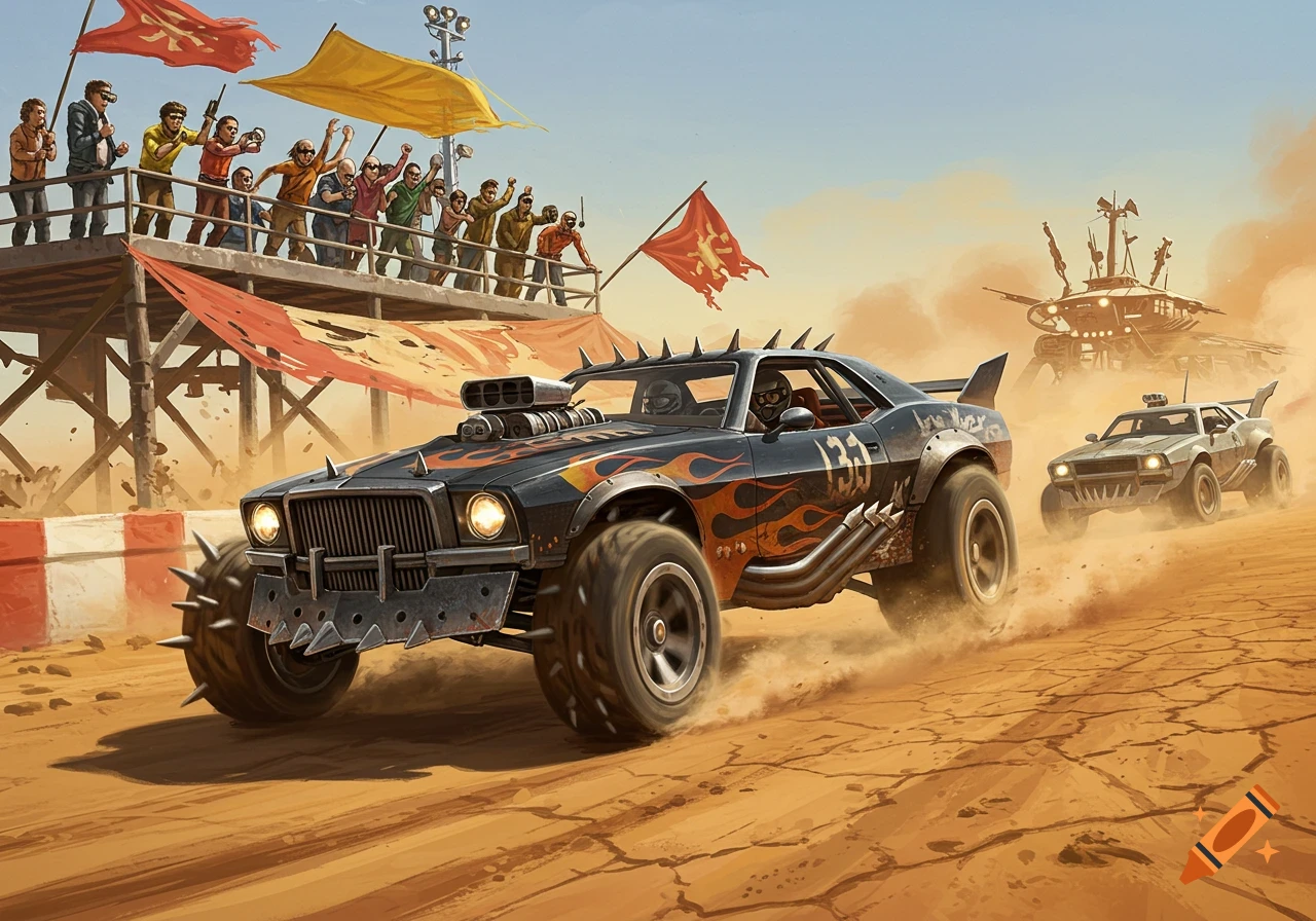 A black custom race car with spikes and flames speeds through a desert track, watched by cheering spectators.