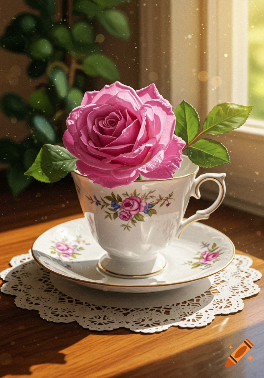 Vibrant pink rose in a white teacup with floral pattern, on a doily and wooden table with sunlight from a window.