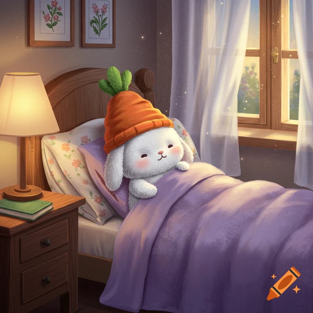 A cute fluffy white bunny wearing an orange carrot hat is tucked into a purple bed in a cozy bedroom with warm lighting.