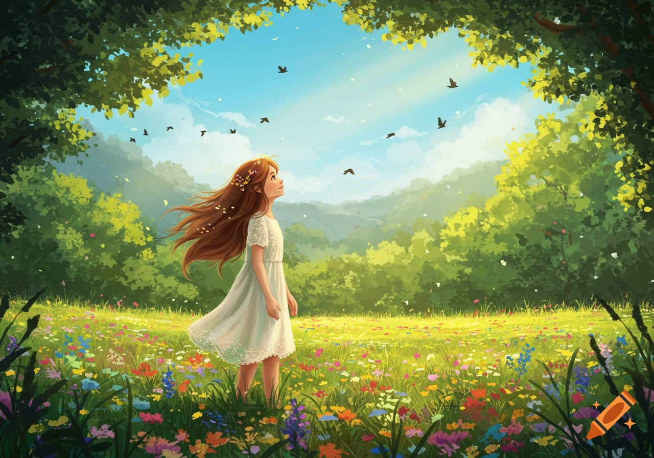 Whimsical illustration of a girl in a white dress in a vibrant flower field, looking up at birds in a bright sky framed by trees.