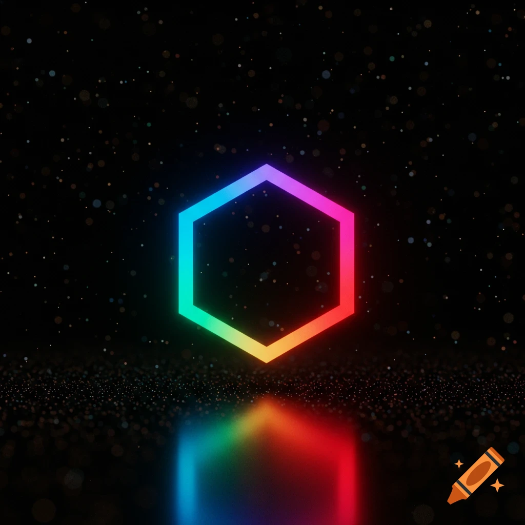 A glowing neon hexagon with a rainbow color gradient, reflected on a dark, speckled surface.