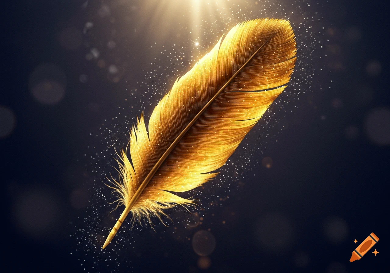 A vibrant golden feather stands out against a dark, bokeh-filled background, illuminated by a bright light and surrounded by sparkling silver dust.