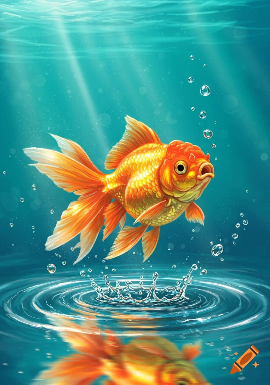 A vibrant golden goldfish with large flowing fins leaps out of clear blue water, creating ripples and a splash, with a blurred reflection below. Illustrated style.