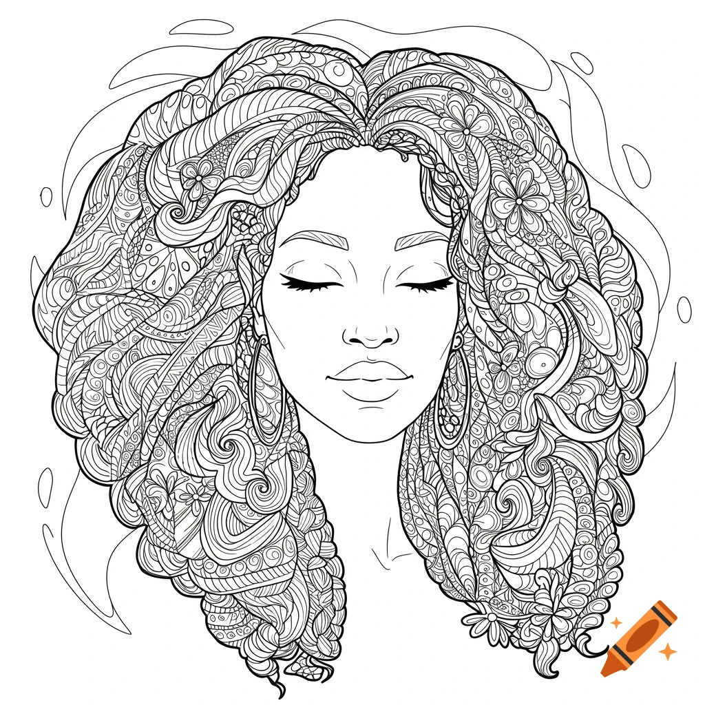 Detailed line art illustration of a Black woman's face with closed eyes and intricate, patterned hair in a coloring book style.