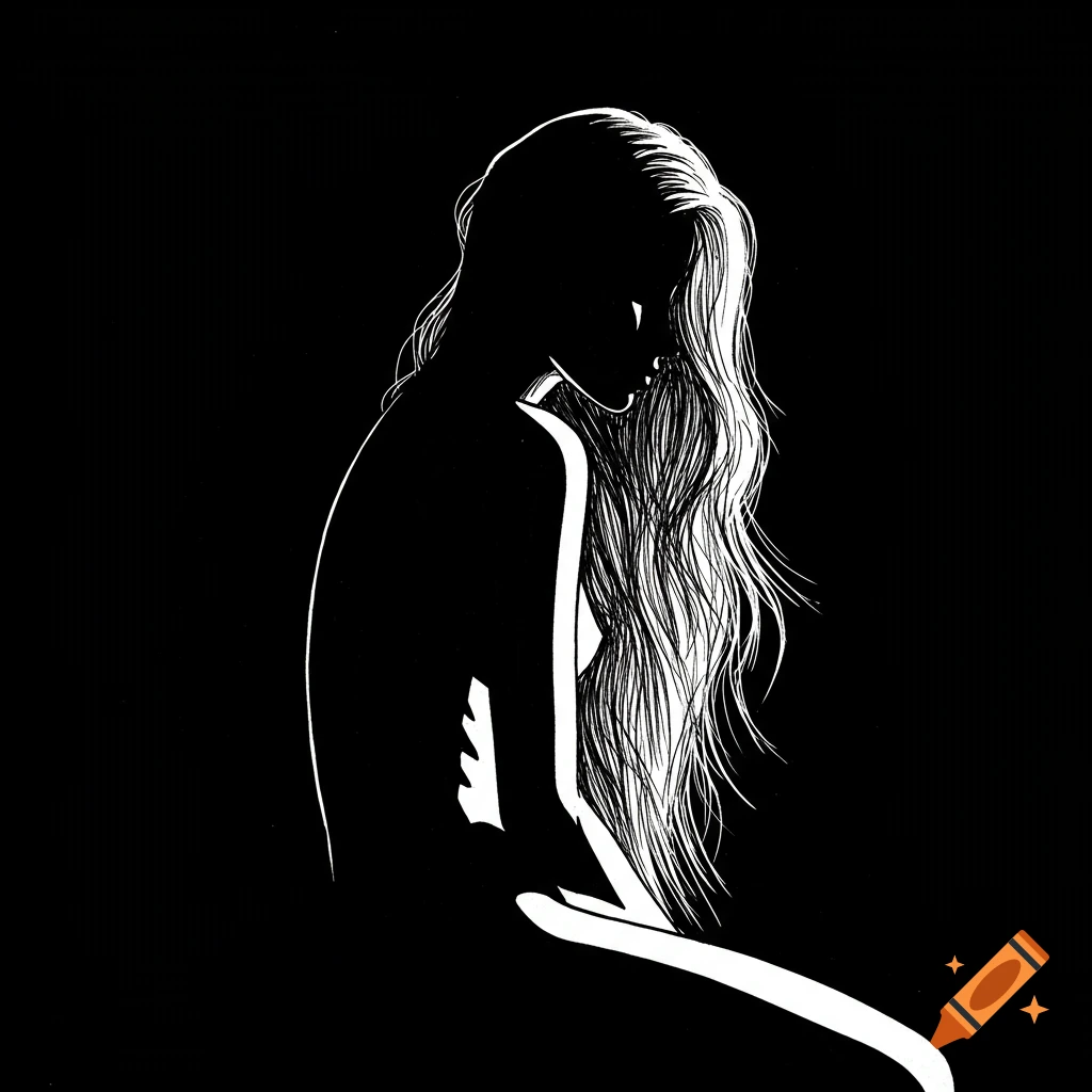Ink sketch of a woman's silhouette with long flowing hair, looking down.