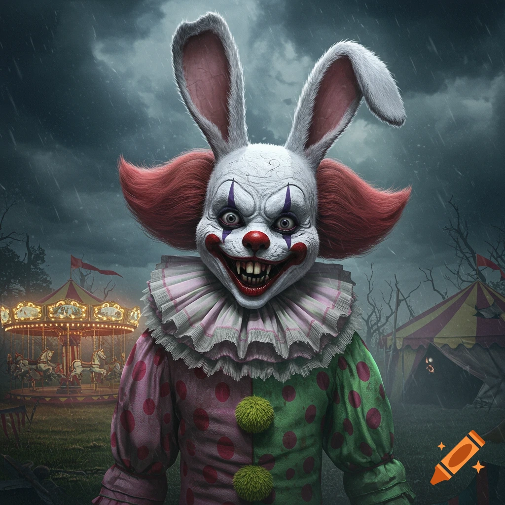 A terrifying photorealistic anthropomorphic rabbit clown with a ruffled collar and polka-dotted costume stands in a dark, rainy carnival with a carousel and tent.
