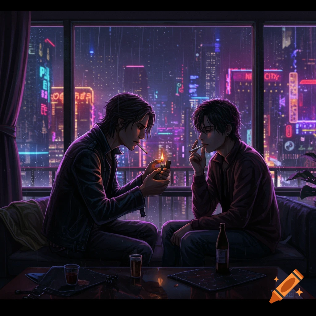 Two men, one lighting the other's cigarette, sit on a couch in a high-rise apartment with a neon-lit futuristic city visible through a large window on a rainy night.