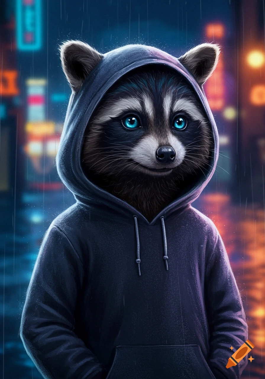 A stylized raccoon-like creature with bright blue eyes wearing a dark hoodie in a rainy urban setting, digital art.