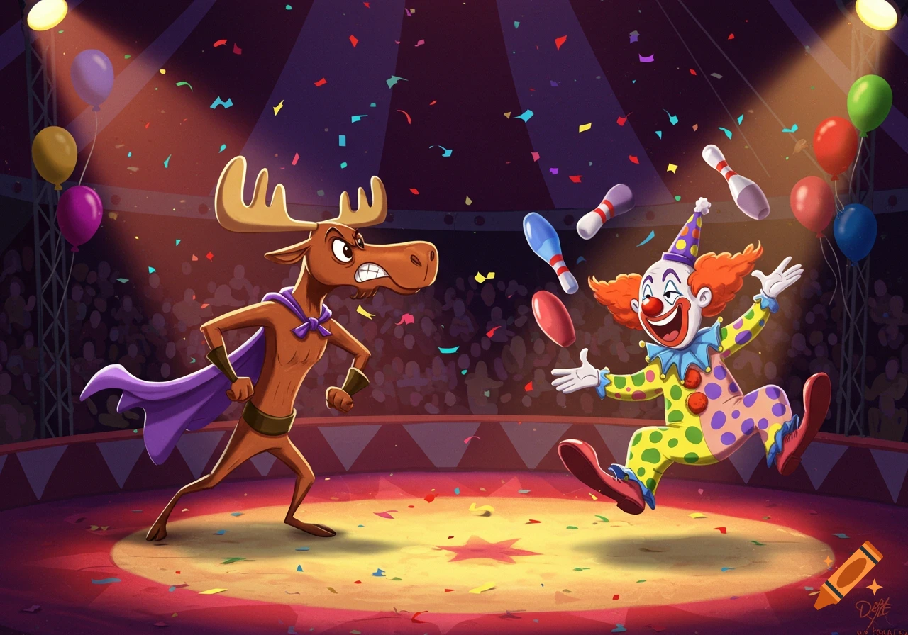 A cartoon moose in a purple cape looks angrily at a laughing clown juggling pins in a circus ring with confetti.