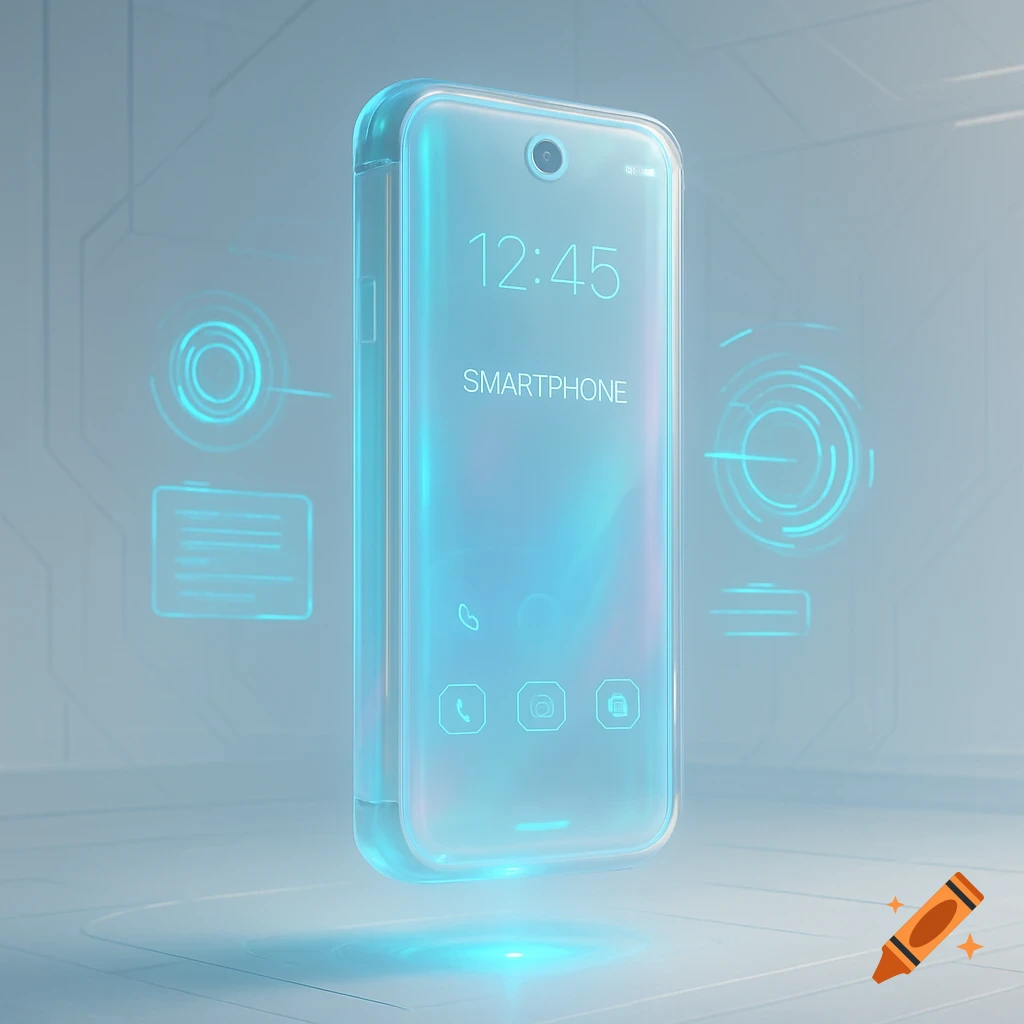 A translucent, glowing blue futuristic smartphone floats in a minimalist environment with holographic UI elements.