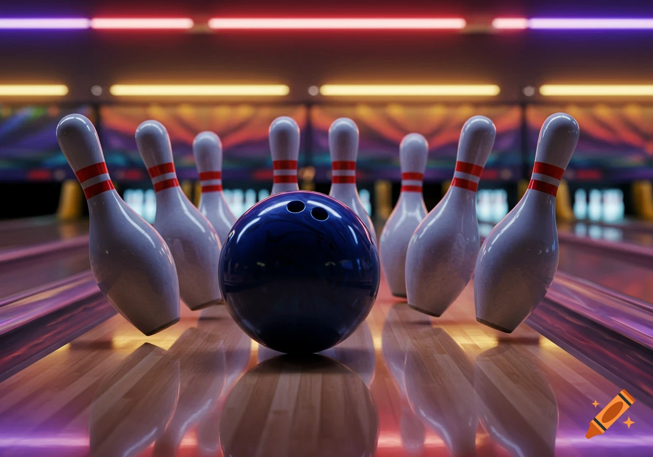 A close-up, low-angle view of a blue bowling ball among bowling pins on a lane with neon lights.