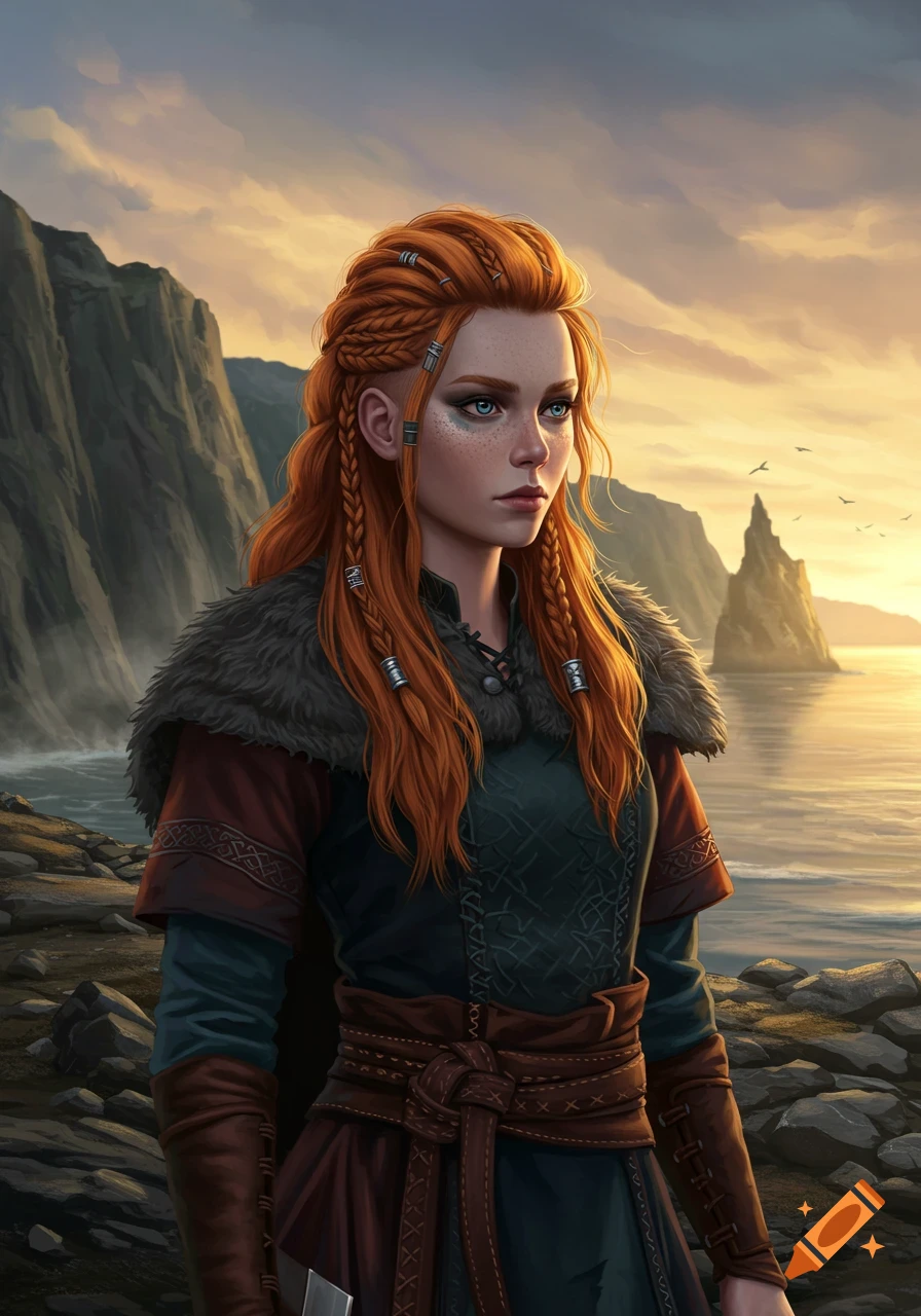 A red-haired Viking woman in fur-collared attire stands on a rocky coast overlooking the sea at sunset.