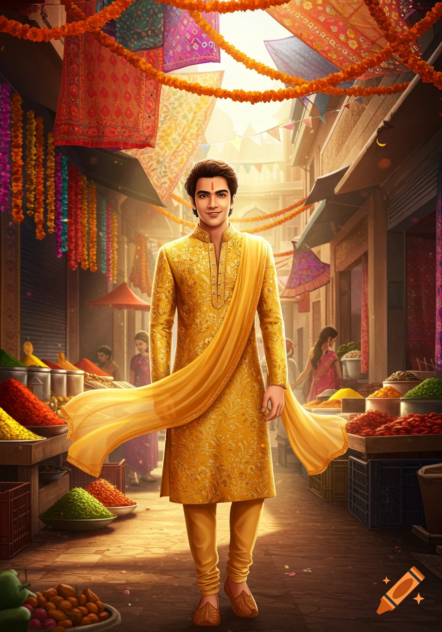 A young man in a golden kurta and yellow dupatta stands in a vibrant, decorated Indian market with spice stalls and colorful fabrics.