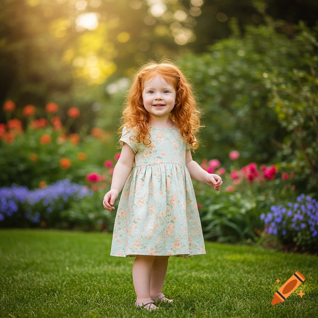 A smiling young girl with red curly hair in a floral dress stands in a vibrant garden with colorful flowers.