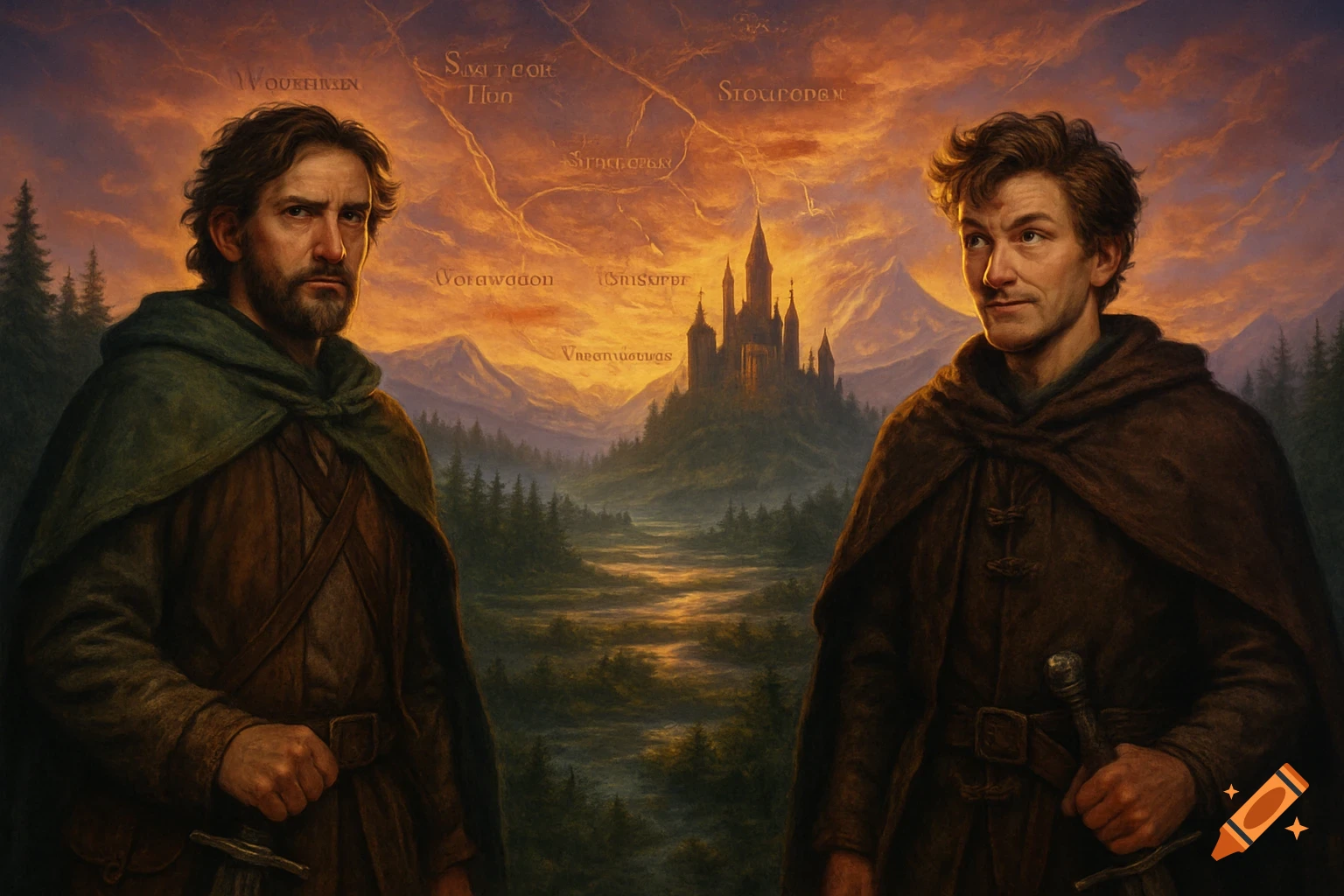 Two medieval-clad brothers stand at the sides of a fantasy landscape with a distant castle under a twilight sky, overlaid with a map.