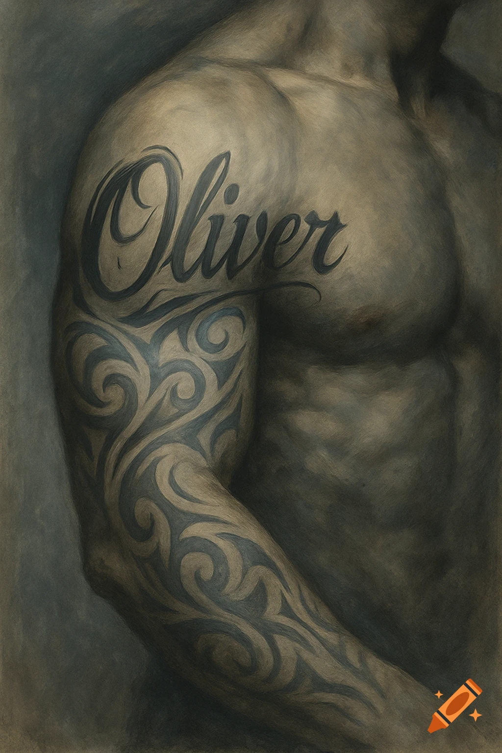 A detailed, monochrome artistic rendering of a man's muscular arm and torso, featuring a script tattoo of 'Oliver' and tribal patterns.