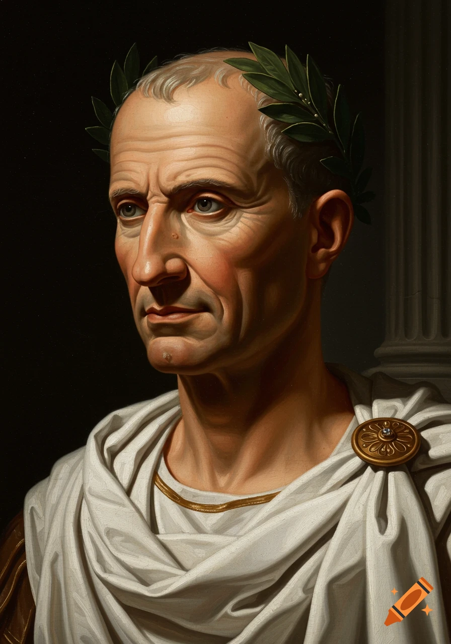 Renaissance-style painting of Julius Caesar, depicted in a white toga and laurel wreath against a dark background with a classical column.