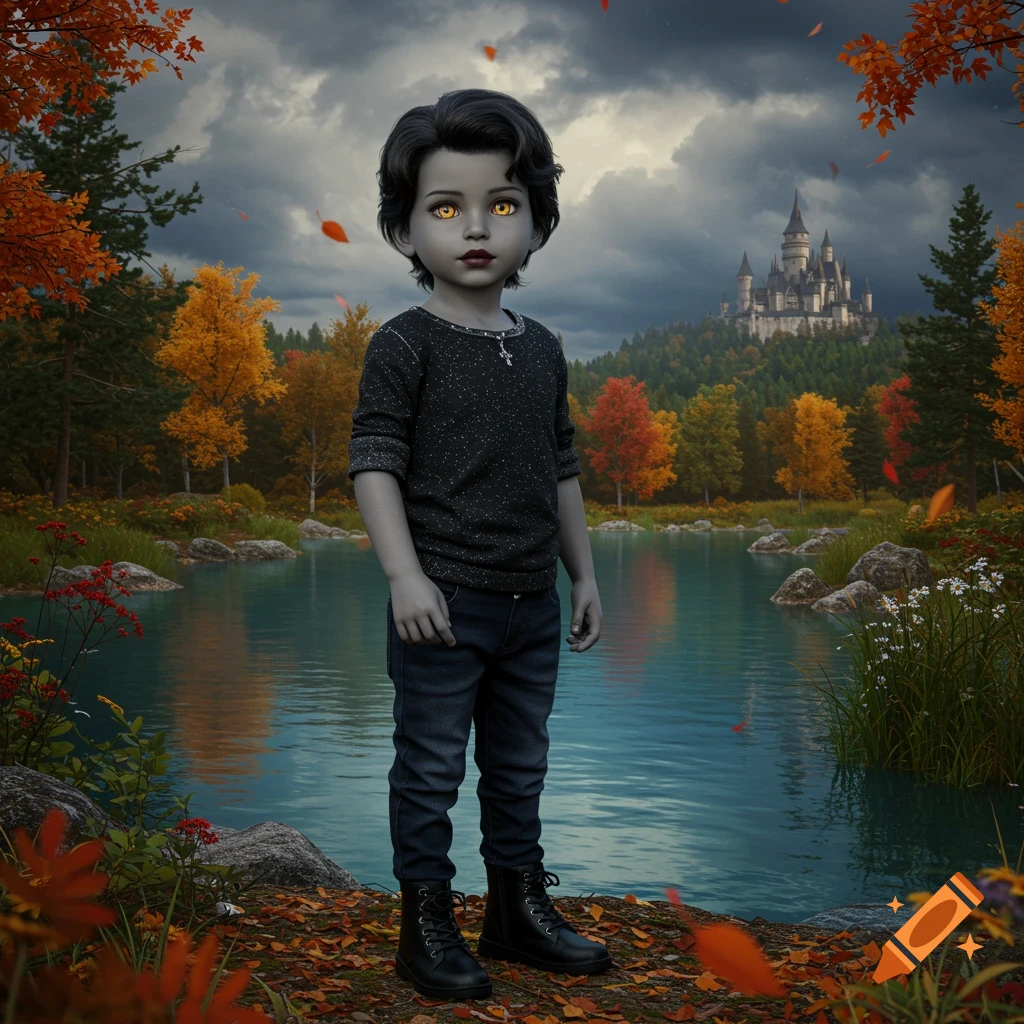 A hyper-realistic portrait of a boy with gray skin and amber eyes, standing by an autumn lake with a fantasy castle in the background.