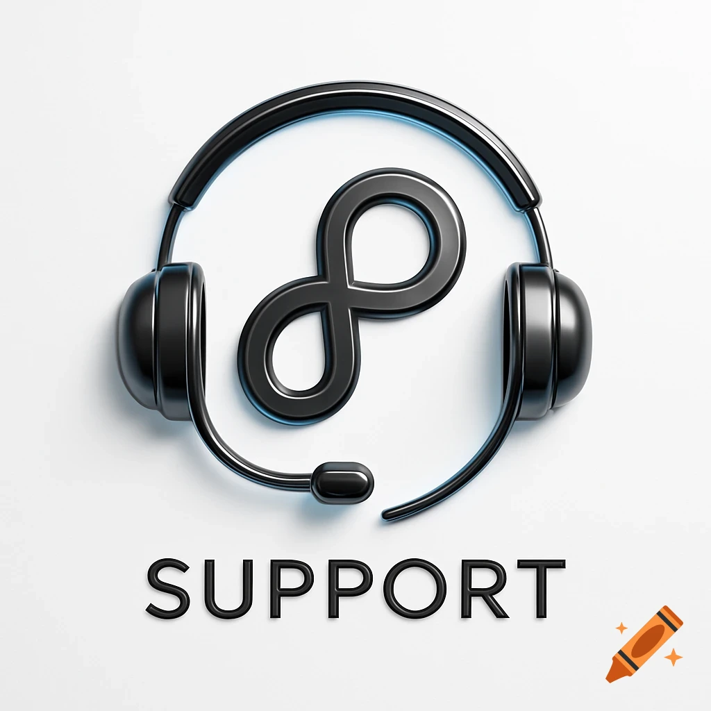 Black 3D rendered headset and infinity symbol above 'SUPPORT' text on a white background.