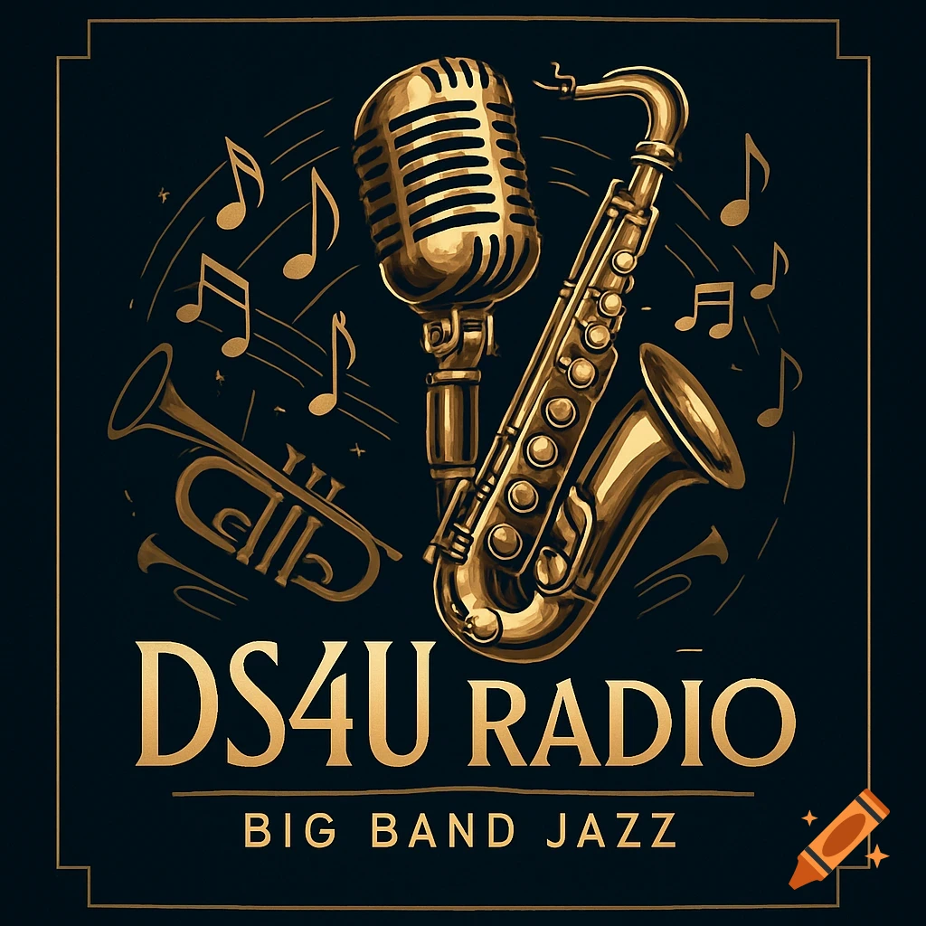 A golden metallic logo for DS4U Radio, featuring a vintage microphone, saxophone, trumpet, and musical notes against a dark background.