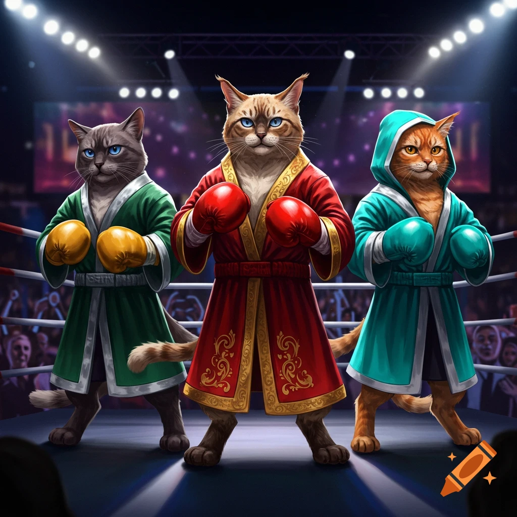 Three anthropomorphic cats in boxing robes and gloves stand in a brightly lit boxing ring.