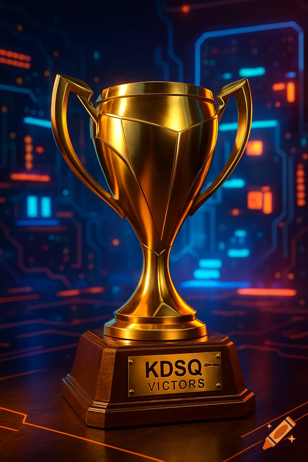 A sleek golden trophy on a wooden base with an engraved plaque, set against a dark, futuristic circuit board background with blue and orange lights.