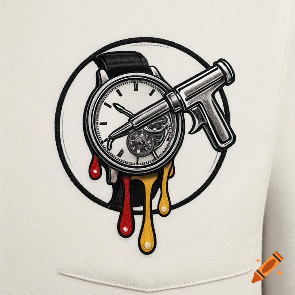 A circular logo patch on white fabric, featuring a silver watch with colorful paint drips and a stylized silver gun crossing it.