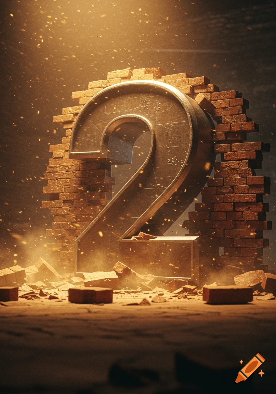 A large metallic number 2 erupts dramatically from a crumbling brick wall, with debris and dust flying in golden light.