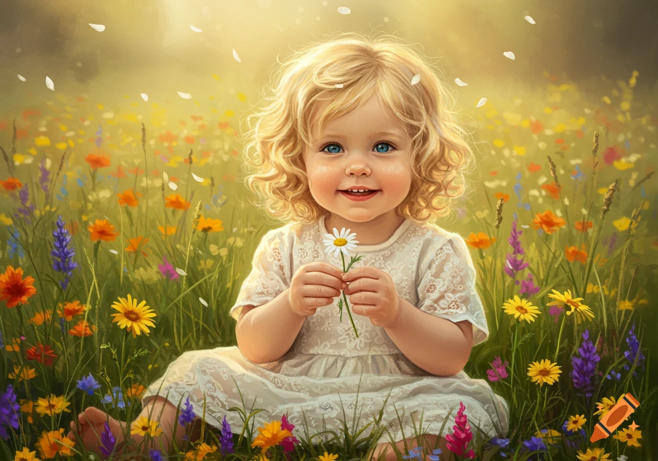 A cute blonde toddler smiles while sitting in a vibrant field of wildflowers, holding a white daisy. Digital painting style.