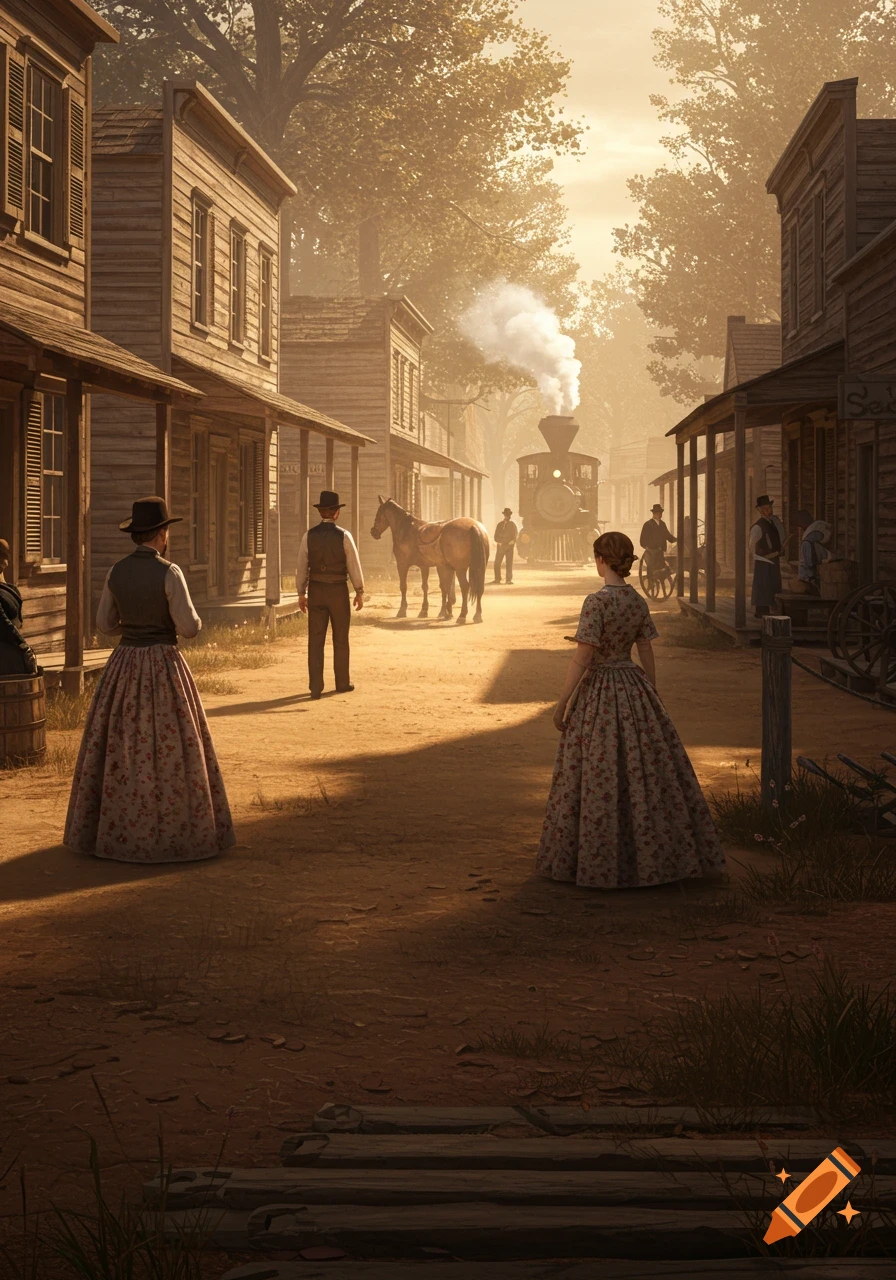 A photorealistic depiction of a 19th-century American town street with people, a horse, and a steam train approaching in the distance.