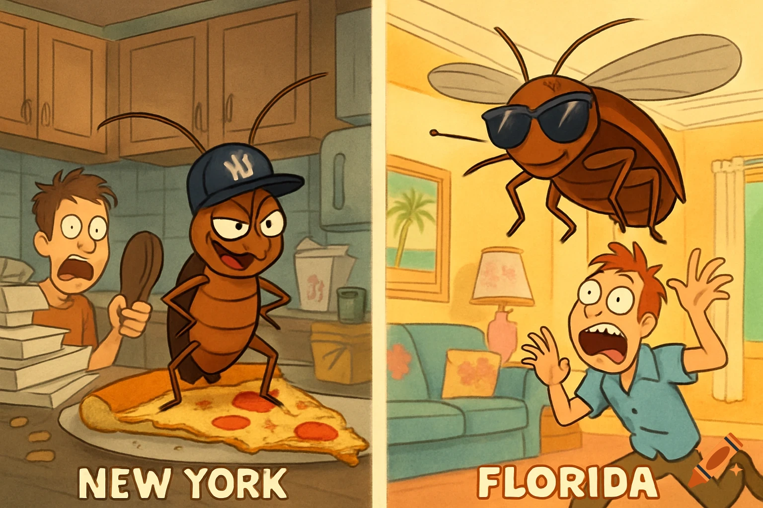 A two-panel cartoon. Left: A scared man holds a spatula as a confident cockroach in a baseball cap stands on a pizza. Text: NEW YORK. Right: A terrified man ducks as a large cockroach with sunglasses flies overhead. Text: FLORIDA.