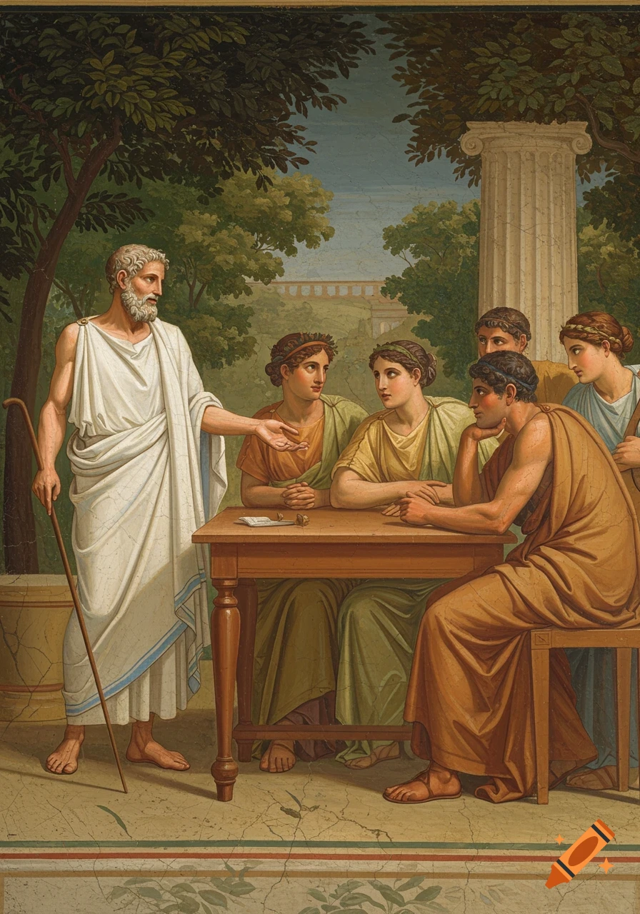 A Hellenistic painting of Epicurus standing, gesturing to six disciples seated around a table in an outdoor garden.