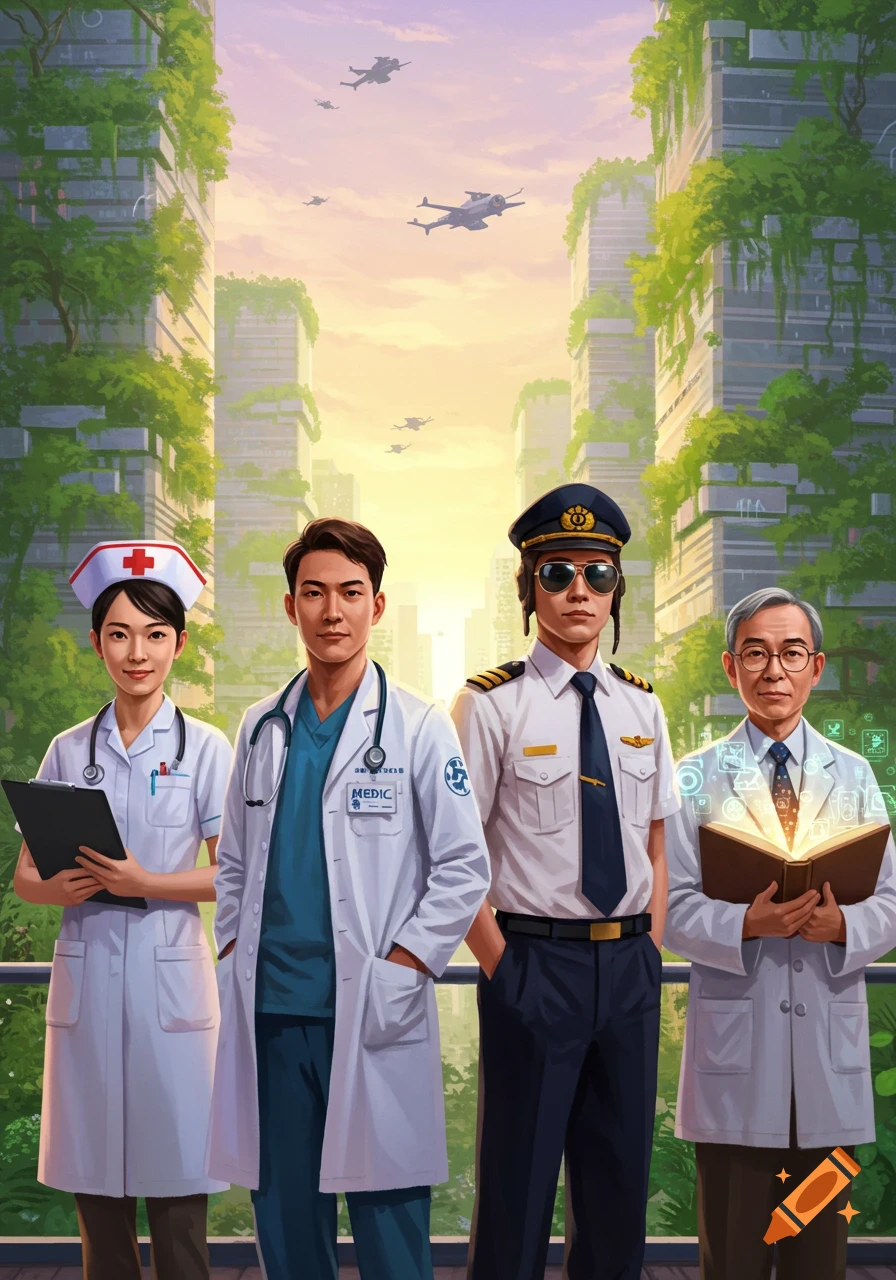 A nurse, two doctors, and a pilot stand in front of an overgrown futuristic city at sunset, in a digital art style.