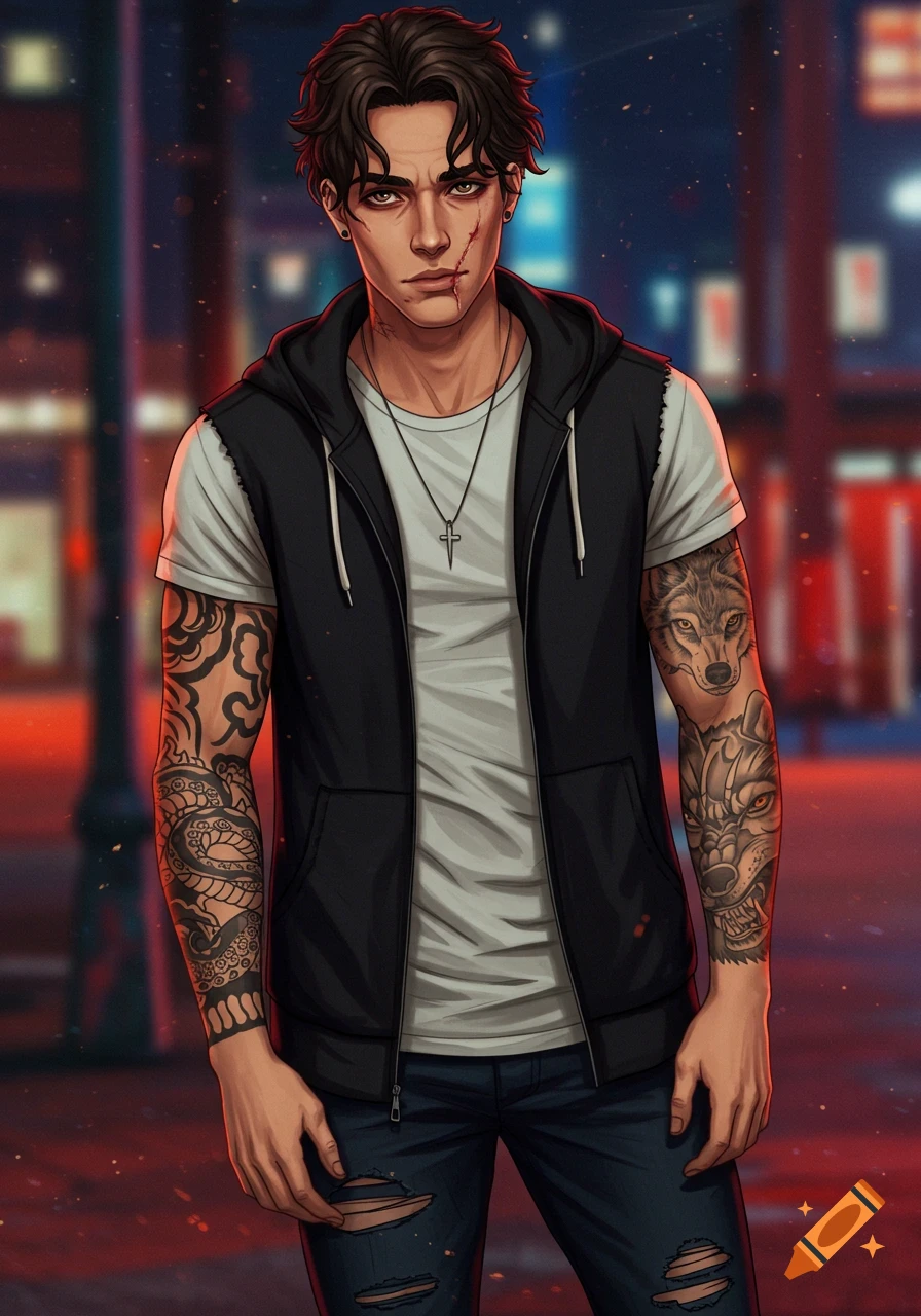 A rugged, tattooed young man with a scar on his cheek, wearing a black hoodie and ripped jeans, stands in an urban night setting. Digital art style.