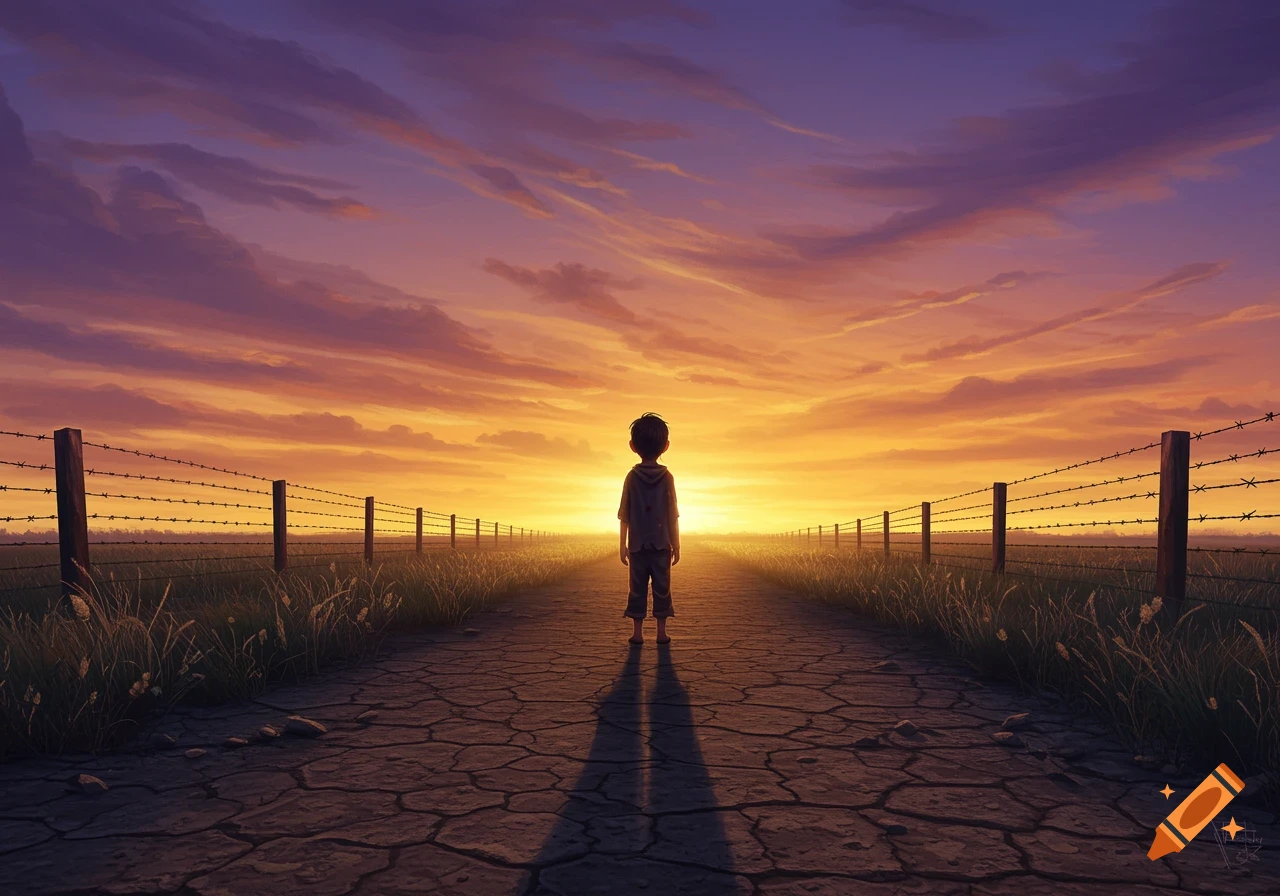 A child stands on a cracked dirt path, looking into a vibrant orange and purple sunset with barbed wire fences on both sides of the path through grassy fields.