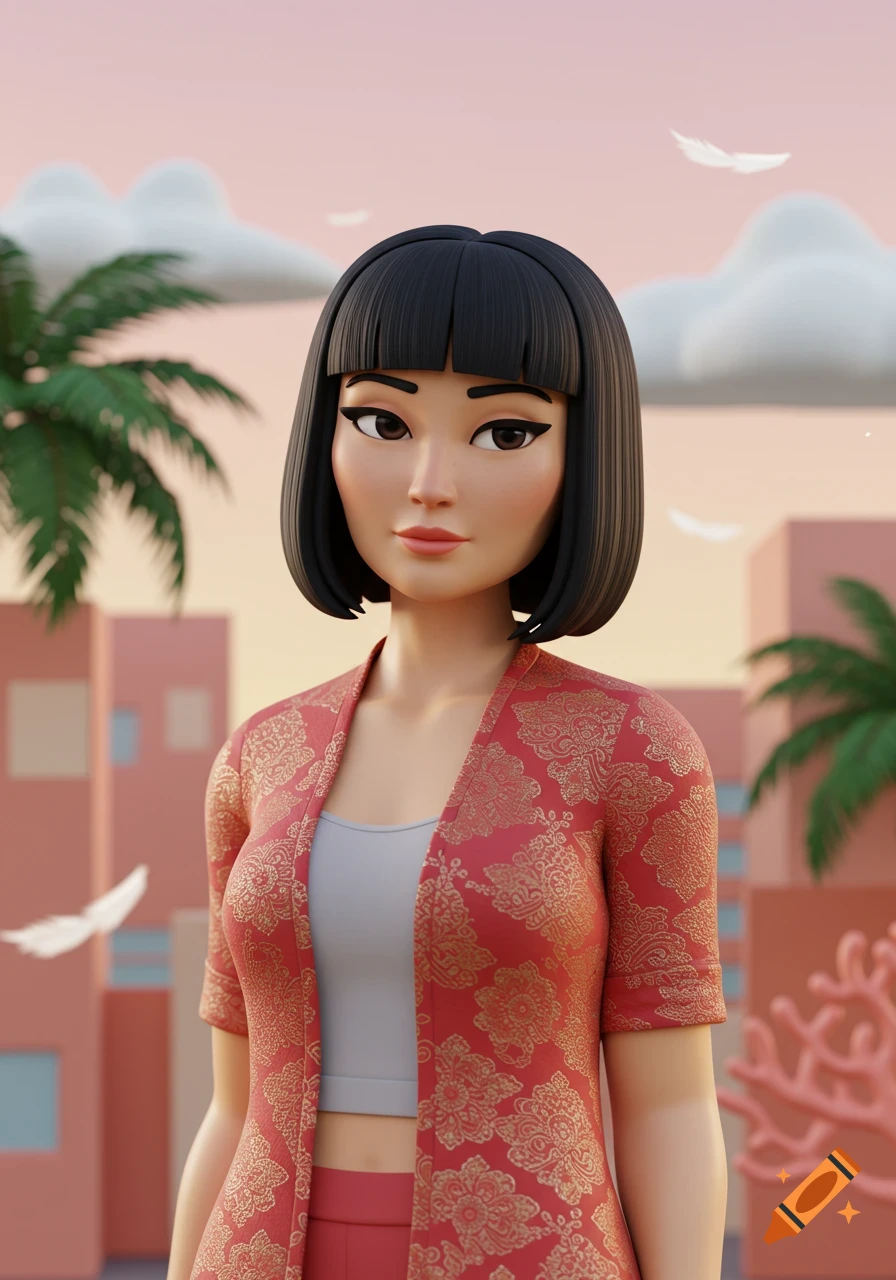 A 3D animated portrait of a young woman with a bob haircut and bangs, wearing a red patterned open jacket. She stands against a soft pink sky with stylized buildings and palm trees.