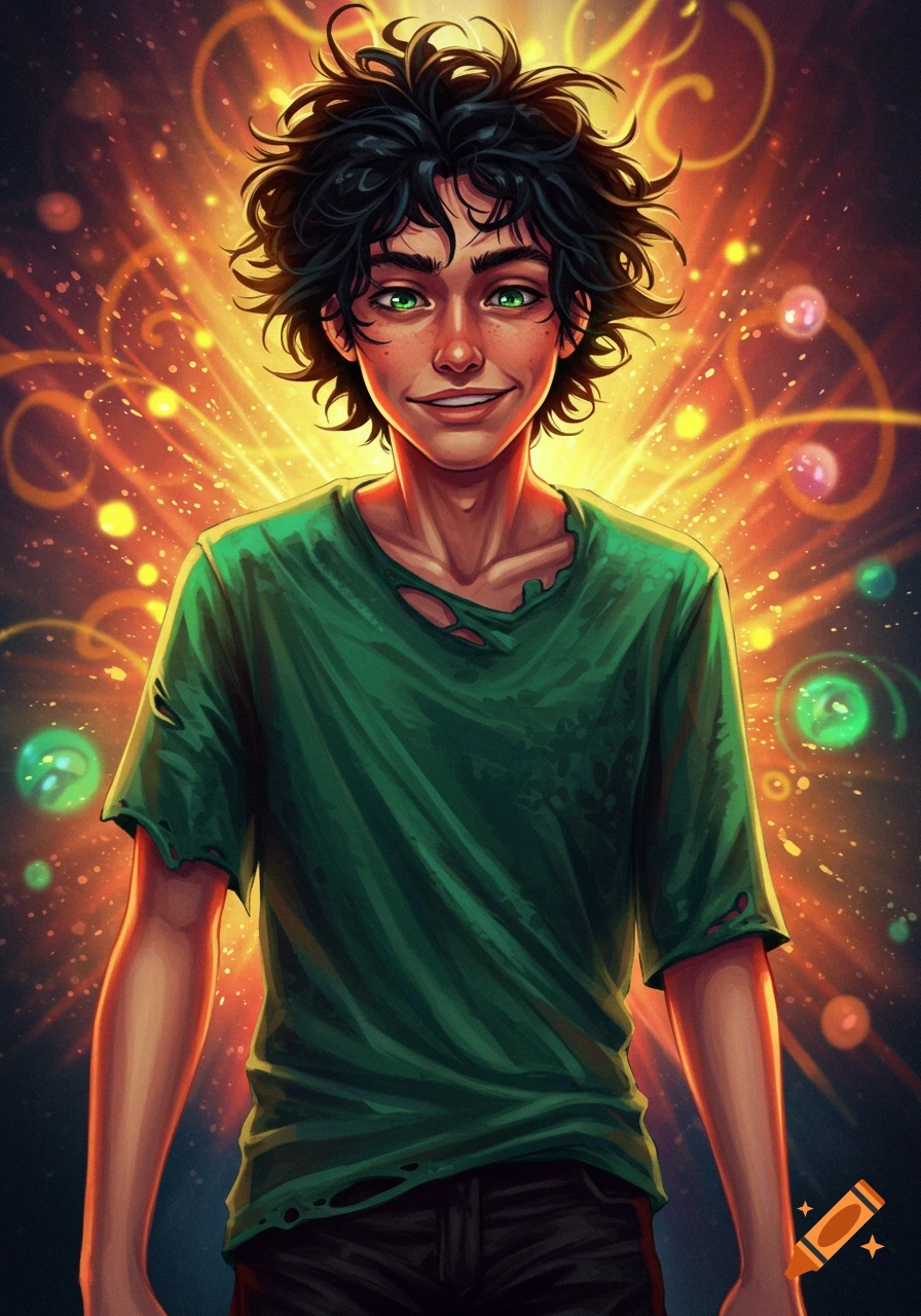 Smiling young man with messy black hair, green eyes, and a ripped green shirt stands against a vibrant, glowing fantasy background. Digital art.