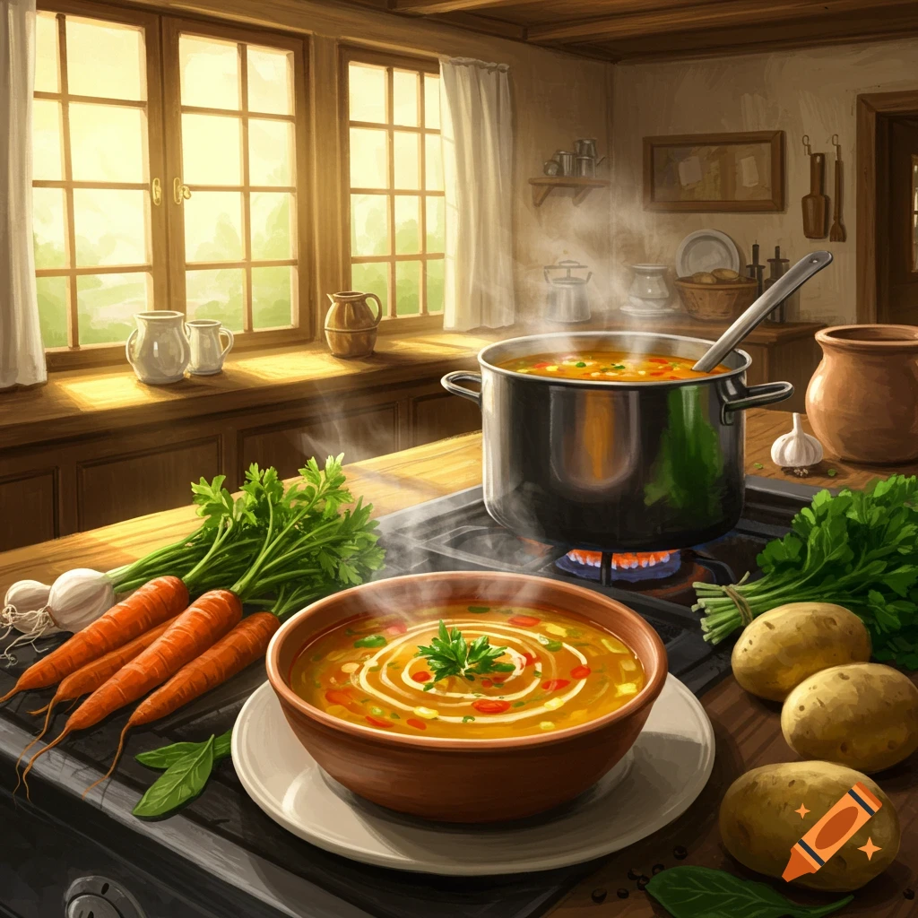 Steaming soup on a stovetop in a cozy kitchen, surrounded by fresh carrots, potatoes, and herbs, with sunlight streaming through windows.
