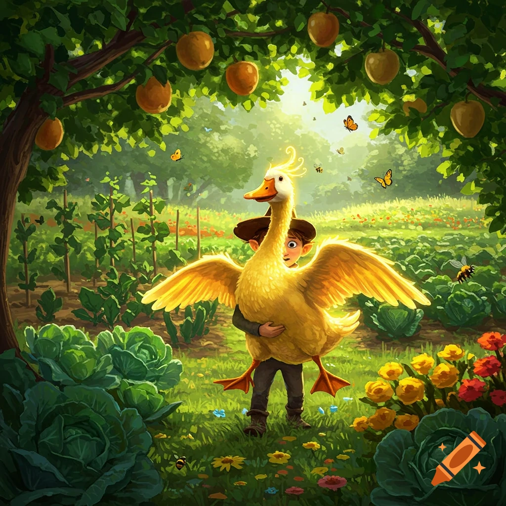 A boy in a hat holds a large golden goose in a vibrant, lush garden with cabbage, fruit trees, flowers, butterflies, and bees.