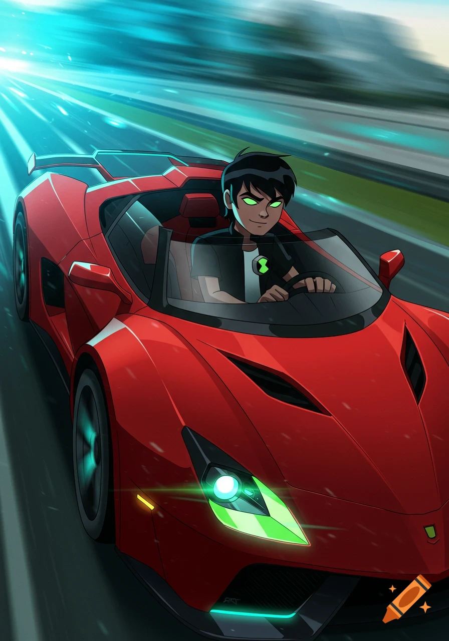 An animated character with black hair and green eyes drives a red sports car at high speed, with a glowing blue light trail.