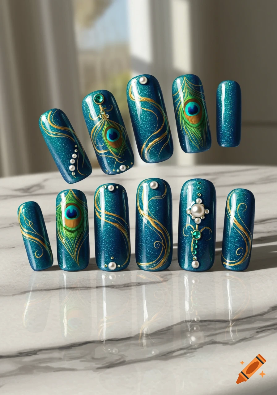 Close-up of artificial nails with teal glitter, gold swirls, peacock feather designs, pearls, and green gems on a marble surface.
