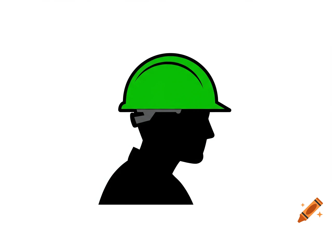 Silhouette of a worker wearing a green hard hat, in a vector art icon style.