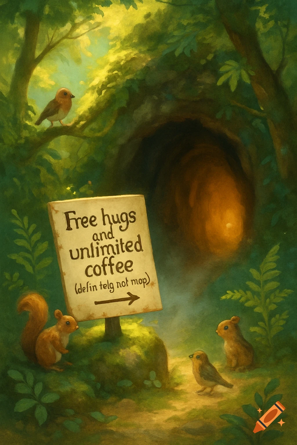 Whimsical illustration of forest animals near a cave, looking at a sign that reads "Free hugs and unlimited coffee (defin telg not mop)".