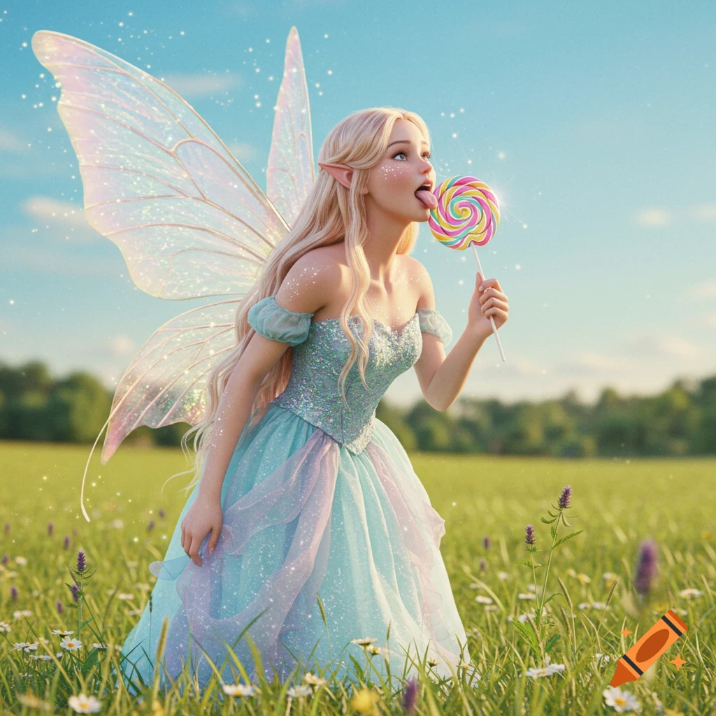 Photorealistic fairy princess with blonde hair and shimmering wings, wearing a blue gown, licking a colorful lollipop in a sunny field.