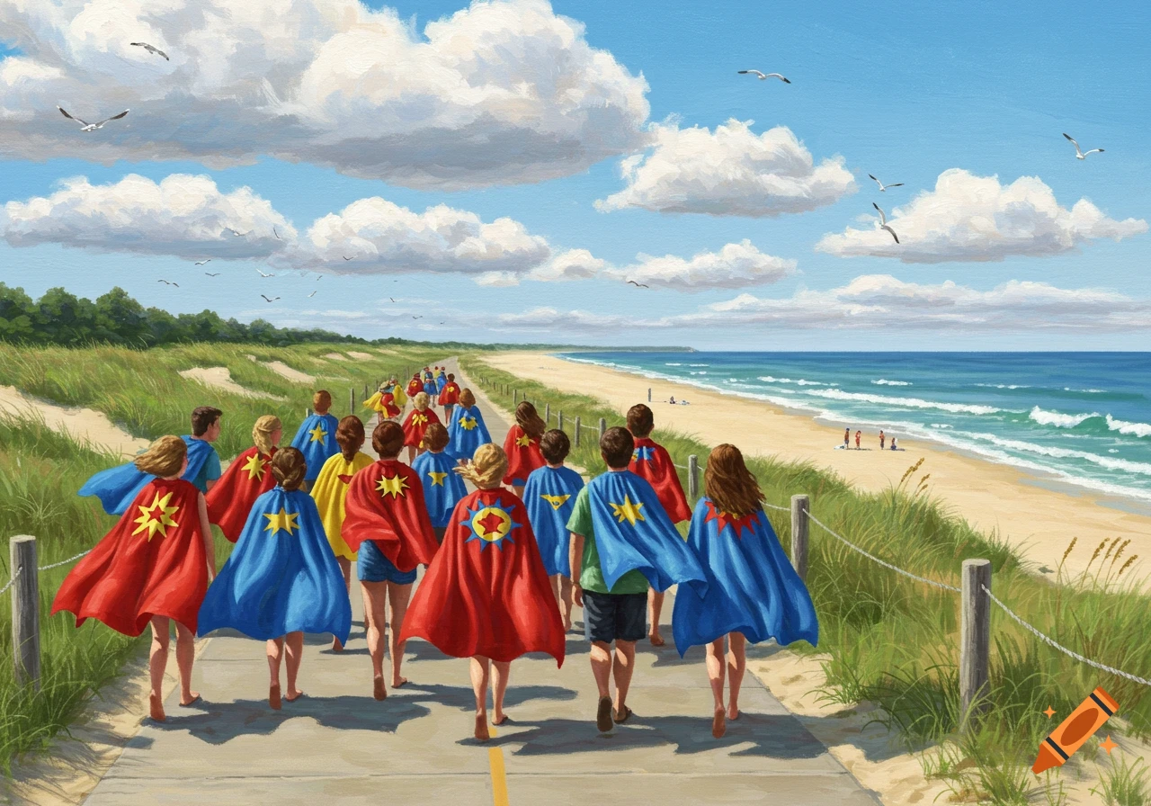 A group of people wearing colorful superhero capes walk along a paved path next to a sunny beach with crashing waves and dunes, in a painting style.
