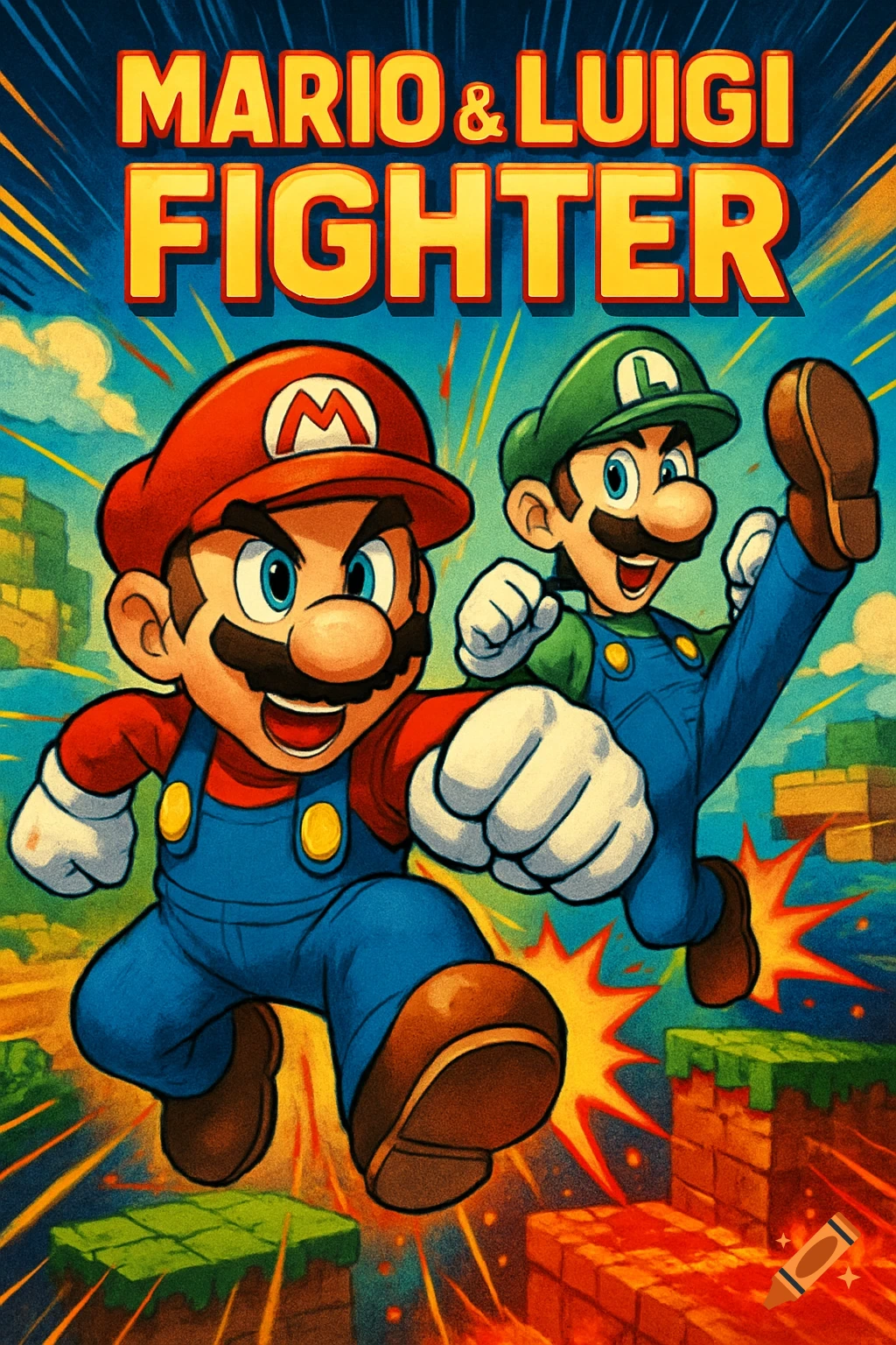 Colorful poster of Mario and Luigi in an action pose, with the title 'MARIO & LUIGI FIGHTER'.