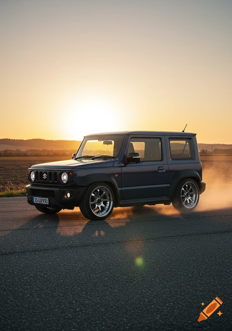 Dark blue modified Suzuki Jimny driving on asphalt, kicking up dust, against a golden sunset sky with fields.
