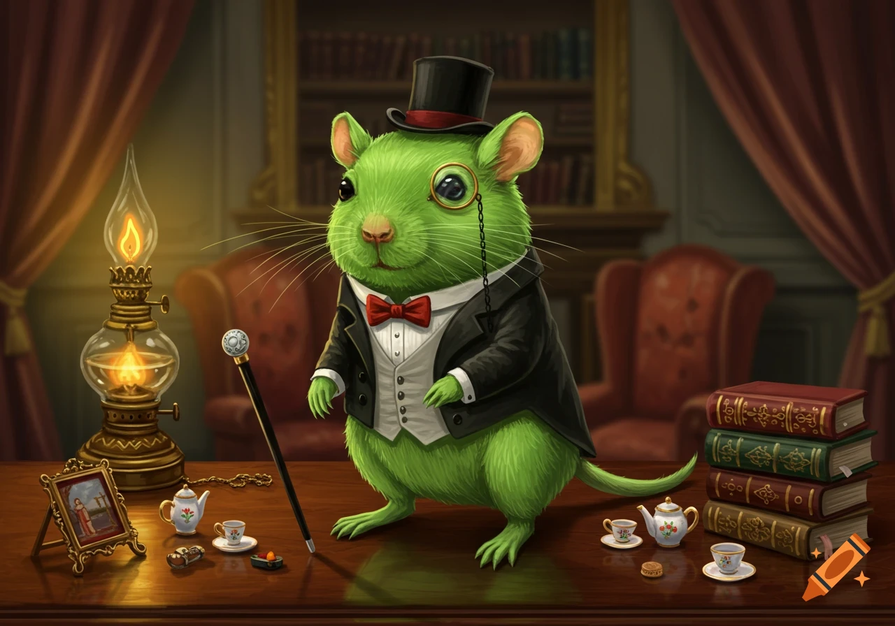 A green gerbil in a top hat, monocle, and tuxedo stands on a desk with a lamp, teacups, and books in a stately room.